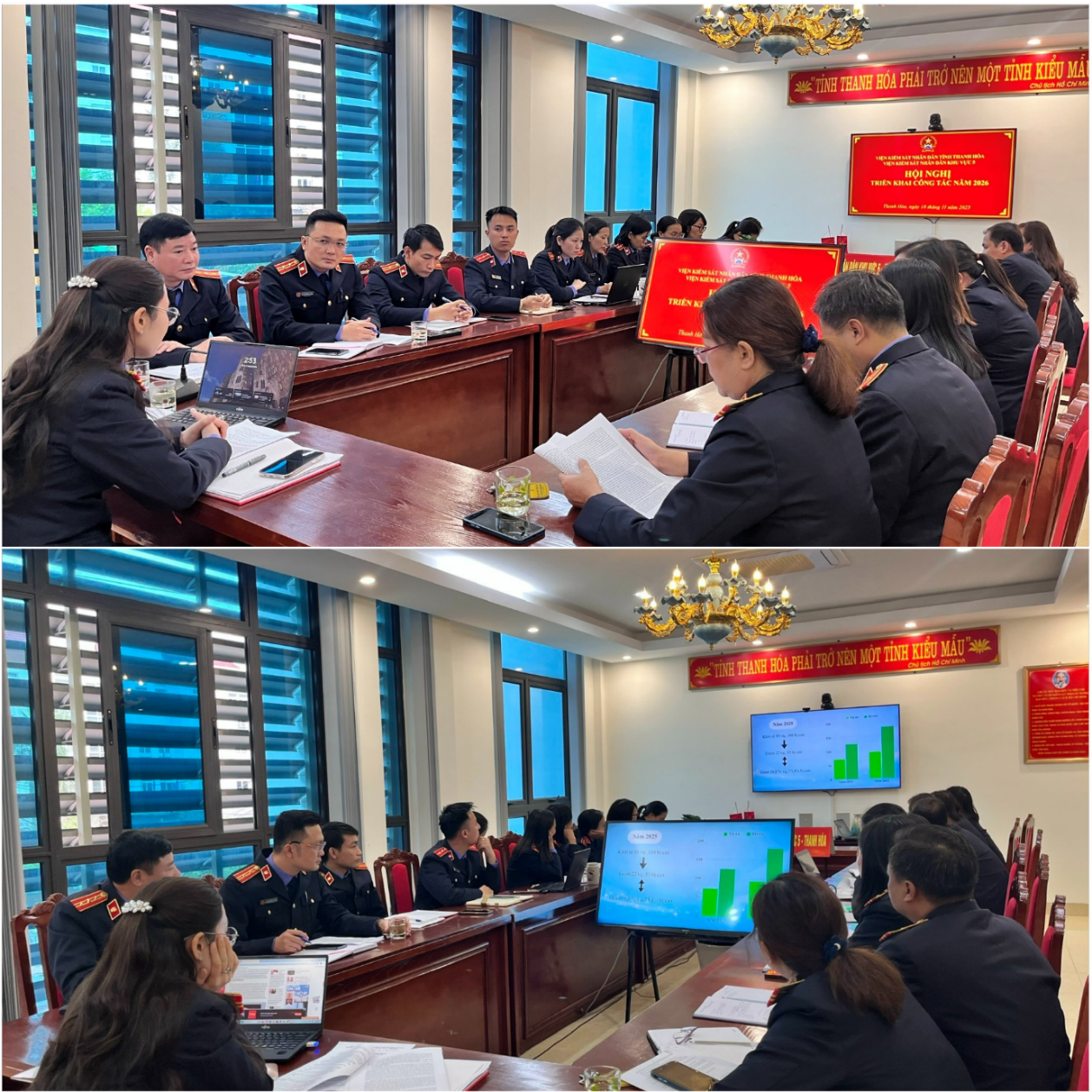 Ảnh: VKSND khu vực 5 theo dõi Báo cáo kết quả công tác năm 2025 của đơn vị bằng videoclip