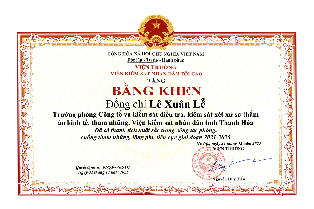 Ảnh: Bằng khen của Viện trưởng VKSND tối cao khen thưởng thành tích xuất sắc của đồng chí Lê Xuân Lễ trong công tác phòng, chống tham nhũng, lãng phí, tiêu cực giai đoạn 2021-2025