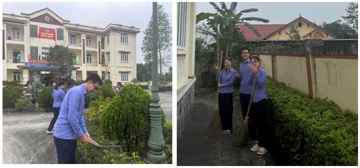 Ảnh: Đoàn viên tham gia dọn dẹp, chăm sóc khuôn viên đơn vị
