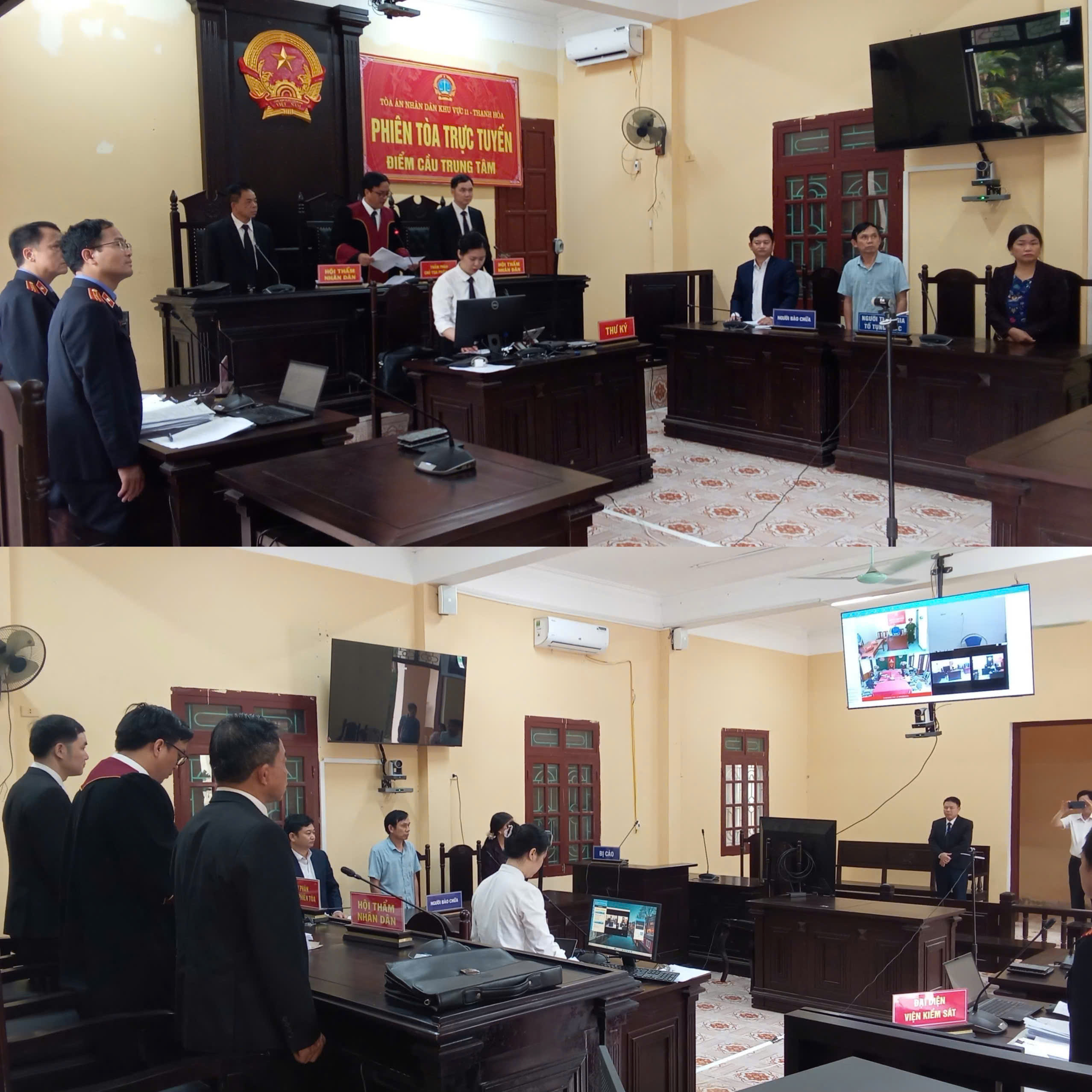 Ảnh: Toàn cảnh phiên toà trực tuyến tại điểm cầu trung tâm TAND khu vực 11-Thanh Hoá