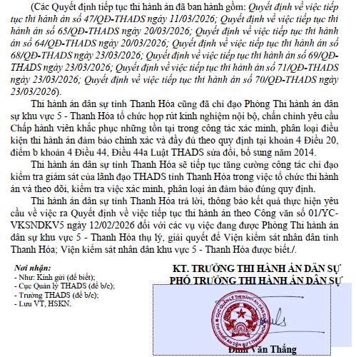 Văn bản trả lời tiếp thu yêu cầu, kiến nghị của THADS tỉnh Thanh Hóa