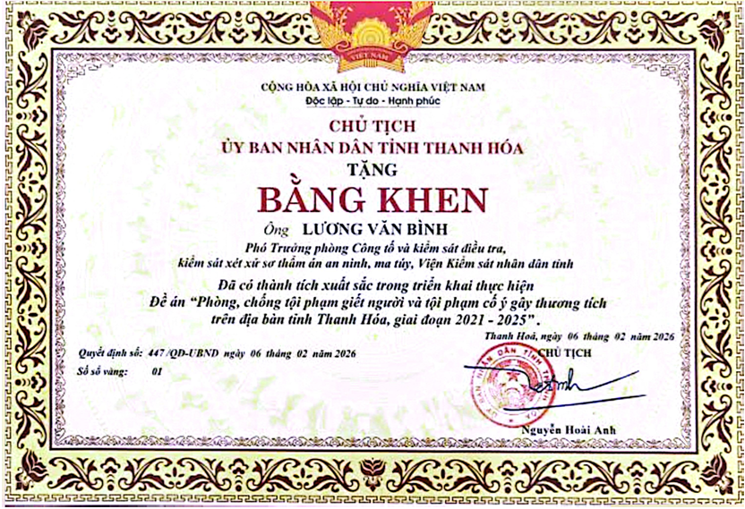 Đồng chí Lương Văn Bình được Chủ tịch UBND tỉnh tặng Bằng khen