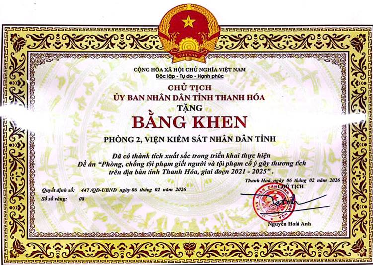 Phòng 2 VKSND tỉnh Thanh Hóa được Chủ tịch UBND tỉnh tặng Bằng khen