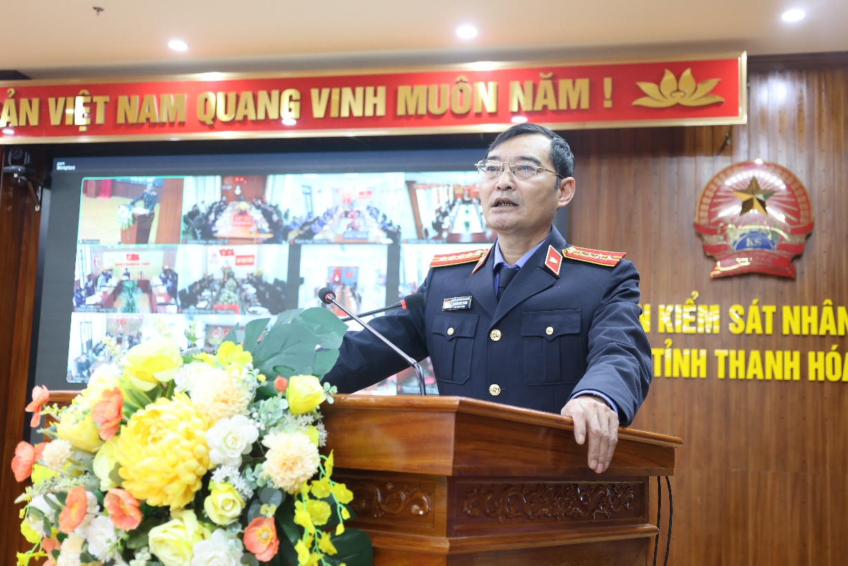 Ảnh: Đồng chí Nguyễn Đức Thanh, Phó Viện trưởng VKSND tỉnh phát biểu tại Hội nghị