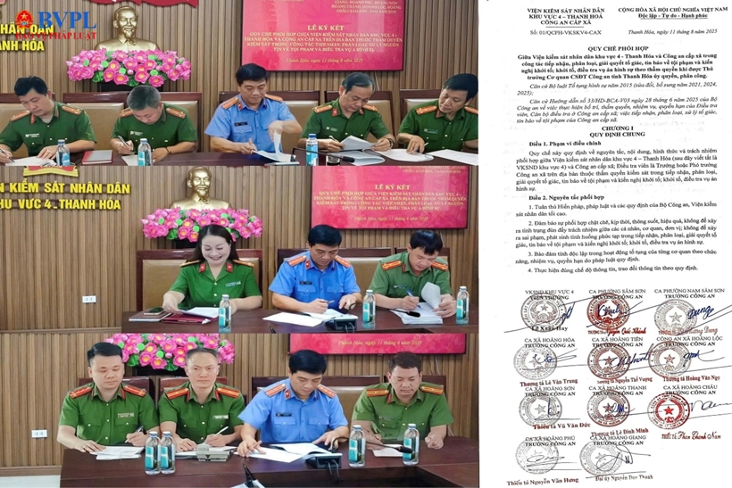 Ảnh: Toàn cảnh Hội nghị ký Quy chế phối hợp của VKSND khu vực 4 - Thanh Hoá với 10 đơn vị Công an cấp xã